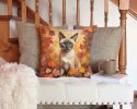 Tonkinese Cat in Fall Leaves Throw Pillow Machine Washable, Indoor Outdoor Decorative Pillow for Couch, Bed or Patio, 14Hx14W