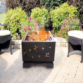 26 Inch Square Fire Pit with BBQ Grill, Outdoor Wood Burning Firepit with Poker