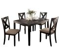 Brushed Black Solid wood 5pc Dining Set Table And 4x Chairs Brown Fabric Cushions Seats X-Cross Back Design Chairs Dining Room